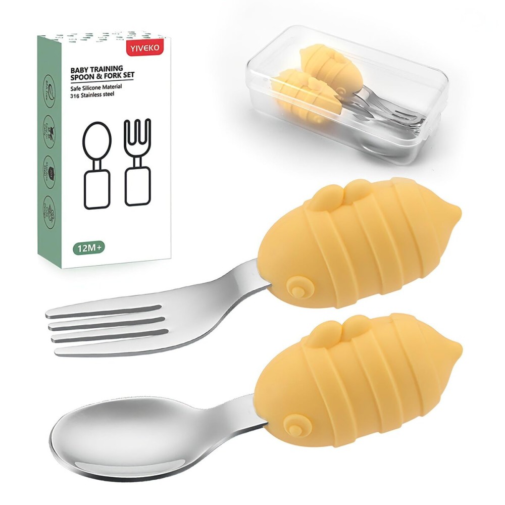 YIVEKO Baby Fork and Spoon Set with Carry Case Baby Training Utensils Self Feeding Toddler Silverware Silicone and Stainless Steel Kids and Toddler Utensil Set-Bees