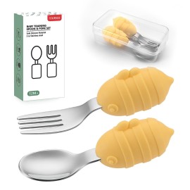 YIVEKO Baby Fork and Spoon Set with Carry Case Baby Training Utensils Self Feeding Toddler Silverware Silicone and Stainless Steel Kids and Toddler Utensil Set-Bees