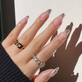 MISUD Press on Nails - Medium Almond Fake Nails with White Silver Chrome, Acrylic French Tip Design 24 pcs