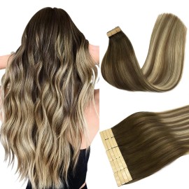 DOORES Tape in Hair Extensions Human Hair Balayage Walnut Brown to Ash Brown and Bleach Blonde 16 Inch 20pcs 50g Straight Real Hair Extensions