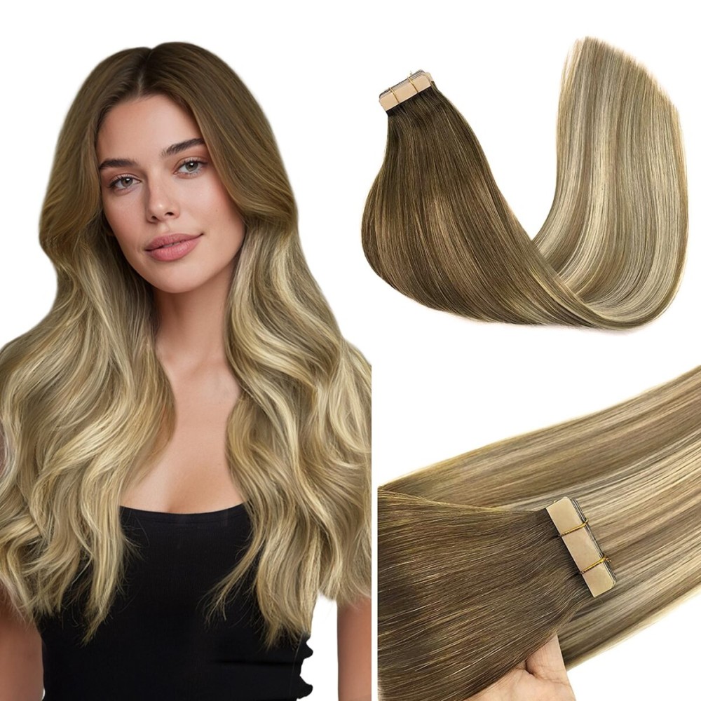 GOO GOO Tape in Hair Extensions Human Hair, 3/8/613 Walnut Brown to Ash Brown and Bleach Blonde, 22inch 50g 20pcs, Skin Weft Seamless Invisible, Silky Straight with Thick Ends, Remy Human Hair