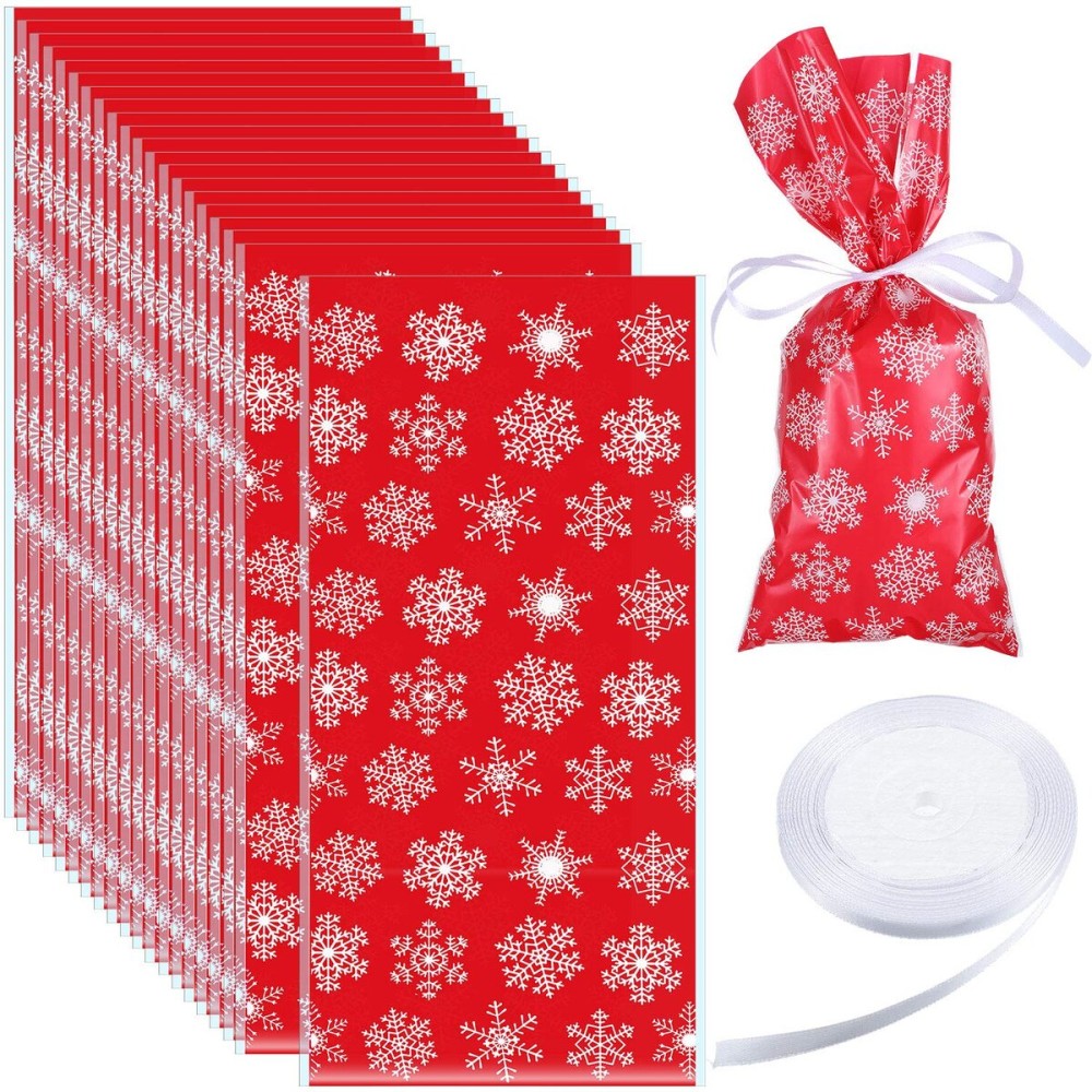 Boao 100 Pcs Christmas Cellophane Treat Bags Snowflake Goodie Candy Bag with Ribbon for Winter Holiday Christmas Party Supplies(Red Bag with White Ribbon)