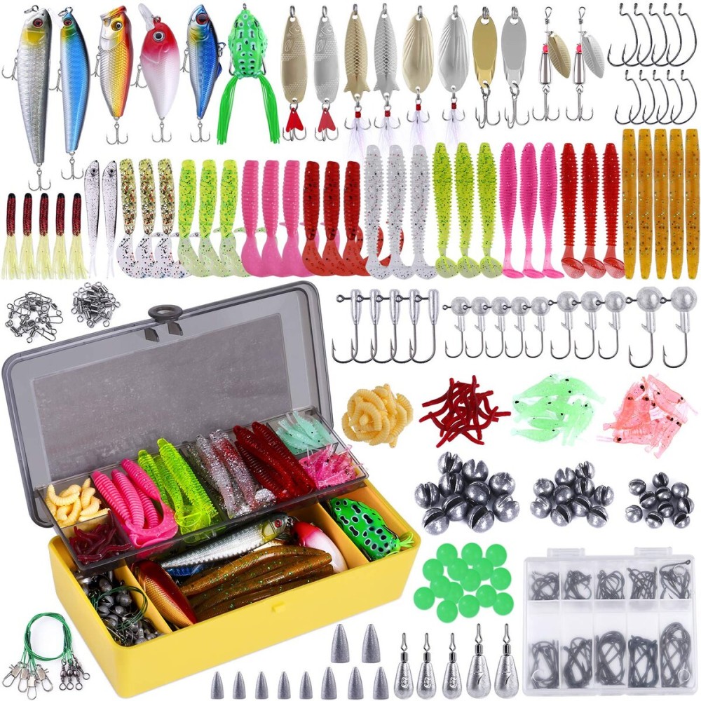 PLUSINNO 302Pcs Fishing Lures, Fishing Tackle Box with Tackle Included, Crankbaits, Spinnerbaits, Hooks, Weights & Accessories - Freshwater Bass Fishing Gear Lure Bait Equipment Kit Gift for Men