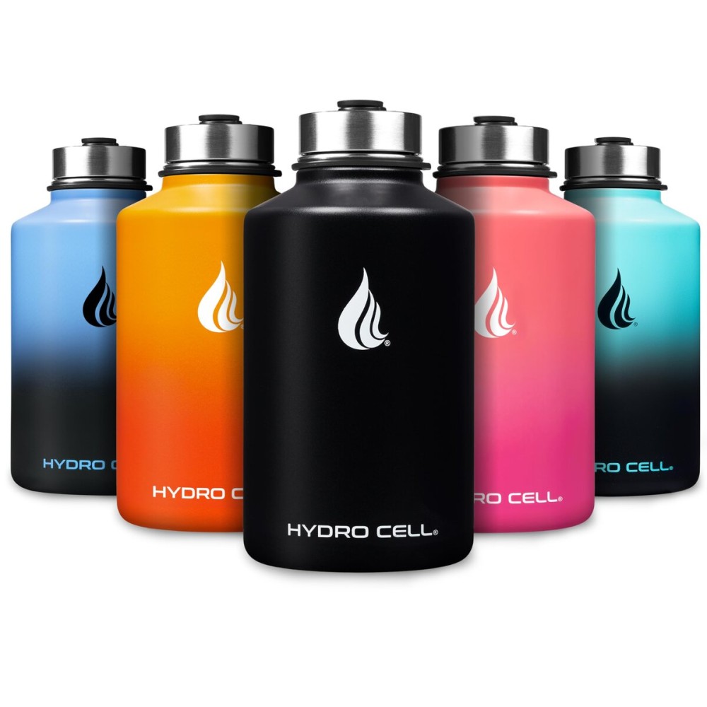 HYDRO CELL Stainless Steel Insulated Water Bottle with Straw - For Cold & Hot Drinks - Metal Vacuum Flask with Screw Cap and Modern Leakproof Sport Thermos for Adults (Black 64oz)