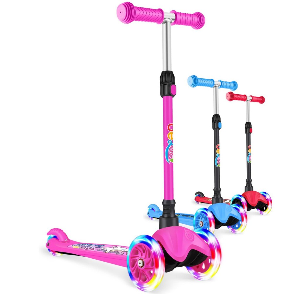 BELEEV A1 Scooter for Kids Ages 2-6, 3 Wheel Scooter for Toddlers Girls Boys, PU Light-Up Wheels, 4 Adjustable Height, Lean to Steer, Non-Slip Deck, Unicorn Kick Scooter for Children (Rose Pink)