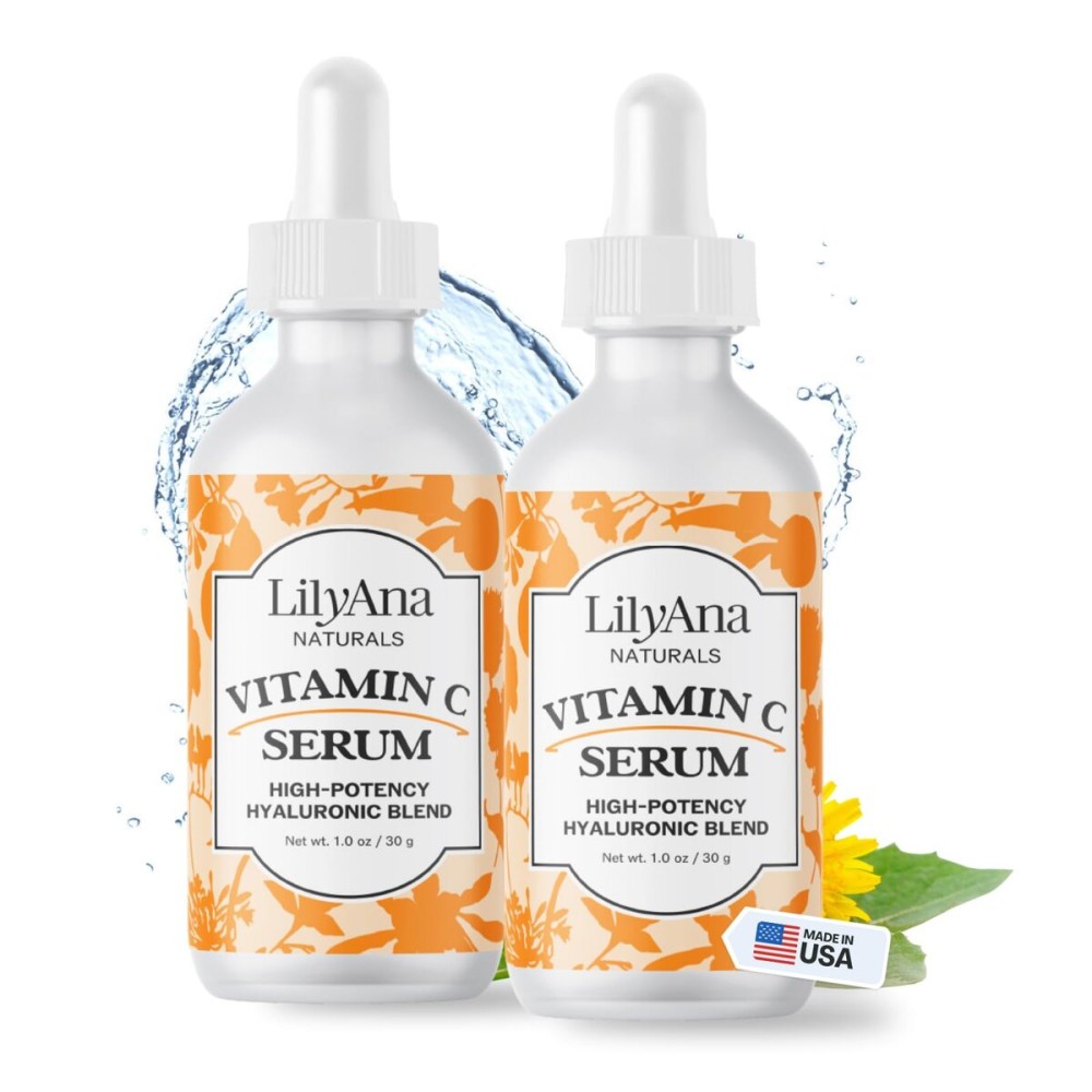 LilyAna Naturals Vitamin C Serum for Face - with Hyaluronic Acid and Vitamin E, Anti Aging Serum, Reduces Age Spots and Sun Damage, Promotes Collagen and Elastin (Double Pack)
