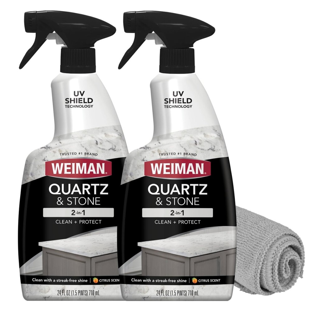 Weiman Quartz Countertop Cleaner and Polish - Clean and Shine Your Countertops Islands and Stone Surfaces with UV Protection, 24 Ounce with MicroFiber Towel, 2 Pack