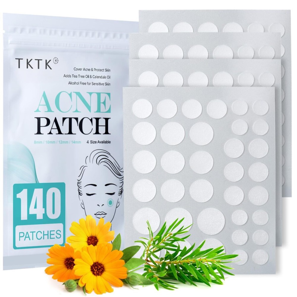 TKTK Pimple Patch Acne Patch, 4 Sizes 140 Patches Acne Absorbing Cover Patch, Hydrocolloid Invisible Acne Patches for Face Zit Patch Acne Dots Tea Tree, Calendula Oil