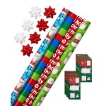 American Greetings Kids Christmas Wrapping Paper Set, Holiday Gift Wrap for Boys and Girls (120 sq. ft., 4 rolls-30 in. x 12 ft., 7 Adhesive Bows, 30 Gift Tag Stickers) Santa and Snowmen
