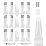 AMORIX 50pcs Matte Silver Lip Gloss Tubes 10ml Empty Cosmetic Squeeze Tubes for Lip Gloss Base Glitter with 2 x Syringes + 28pcs Tag Labels Stickers
