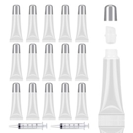 AMORIX 50pcs Matte Silver Lip Gloss Tubes 10ml Empty Cosmetic Squeeze Tubes for Lip Gloss Base Glitter with 2 x Syringes + 28pcs Tag Labels Stickers