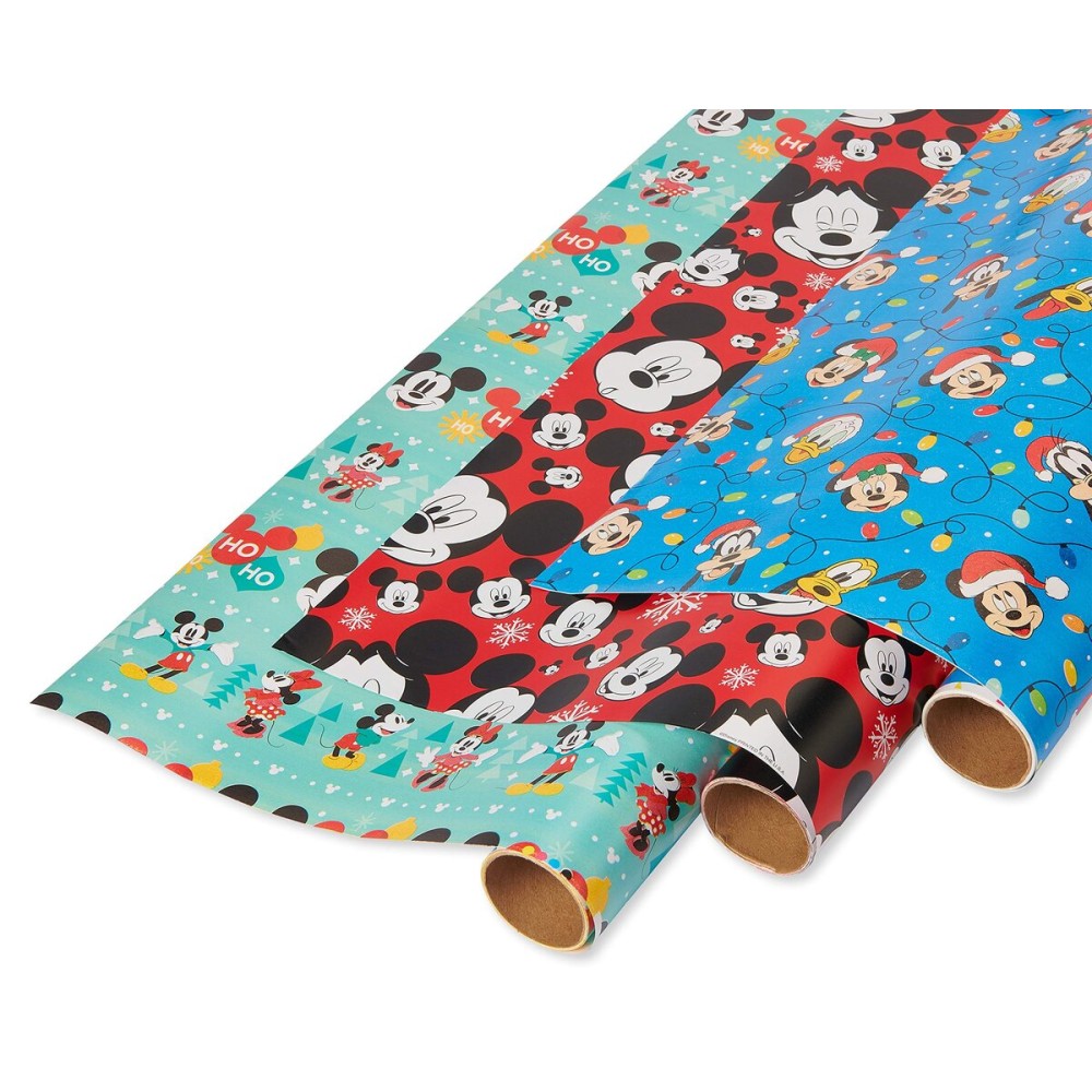 American Greetings Disney Christmas Wrapping Paper Rolls, Red and Blue Holiday Gift Wrap (105 sq. ft., 3 Rolls-30 in. x 14 ft., Cut Lines)Mickey Mouse, Minnie Mouse, Donald Duck, Pluto