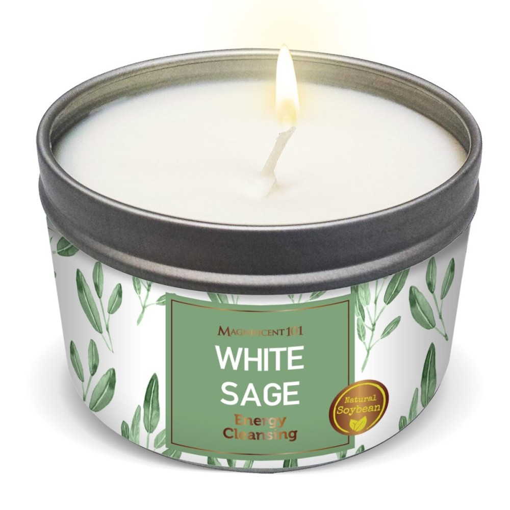 Magnificent 101 Long Lasting Pure White Sage Scented Smudge Candle - 6 Oz - 35 Hour Burn - Made of Soy Wax for House Energy Cleansing, Purification & Manifestation - Soy Candles
