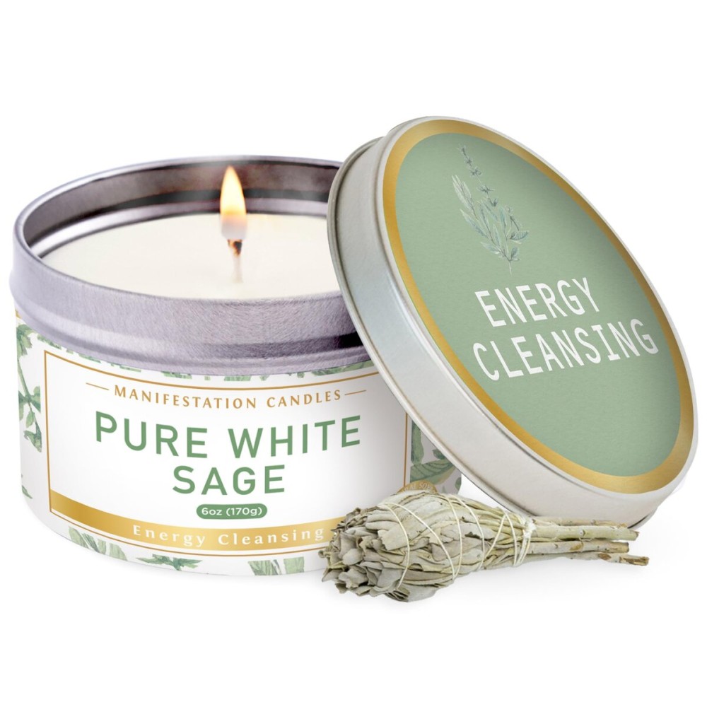 Magnificent 101 Long Lasting Pure White Sage Scented Candle - 6 oz - 35 Hour Burn - Natural Soy Wax Smudge for House Energy Cleansing, Positive Vibes & Manifestation