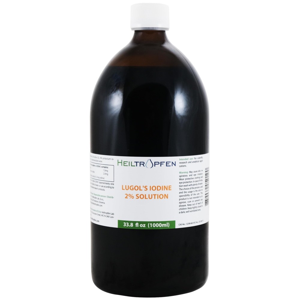 2% Lugols Iodine Solution | 33.8 Fl Oz - 1000 ml | Third-Party Tested | Pharma Grade Ingredients | Made with 2 Percent Iodine and 4% Potassium Iodide | Glass Bottle | Lugol\'s Solution | Heiltropfen
