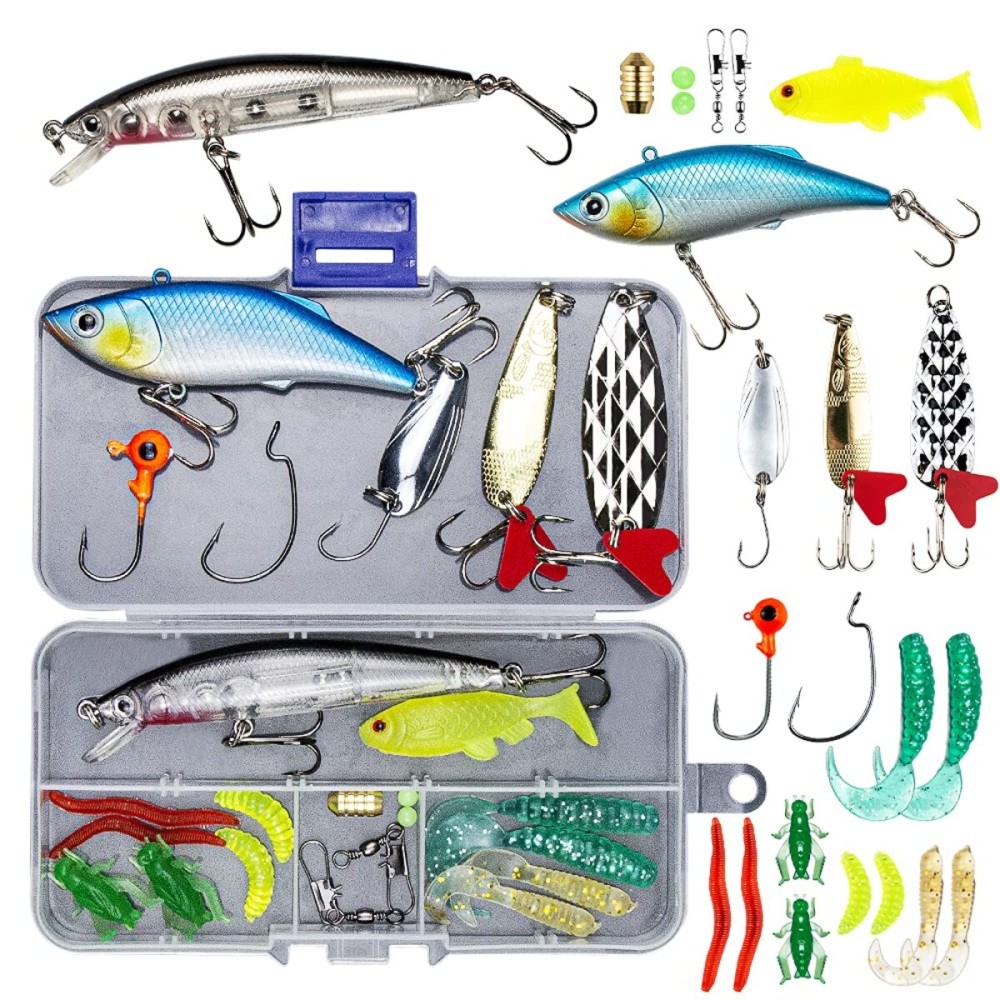 GOANDO Fishing Lures Kit for Freshwater Bait Tackle Kit for Bass Trout Salmon Fishing Accessories Tackle Box Including Spoon Lures Soft Plastic Worms Fishing Gifts