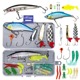 GOANDO Fishing Lures Kit for Freshwater Bait Tackle Kit for Bass Trout Salmon Fishing Accessories Tackle Box Including Spoon Lures Soft Plastic Worms Fishing Gifts