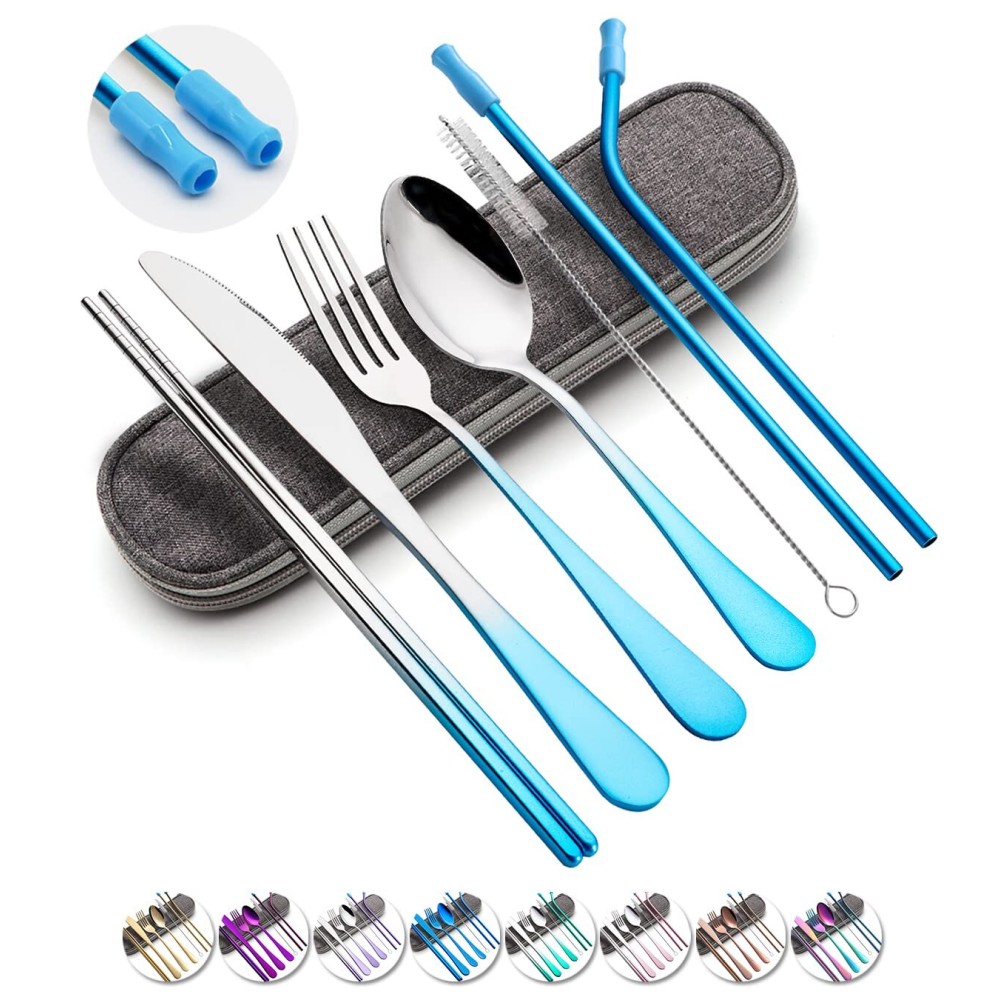Travel Utensils Set with Case Reusable Portable Cutlery Set Stainless Steel 8pcs Including Dinner Knife Fork Spoon Chopsticks straws(Gradient Blue)