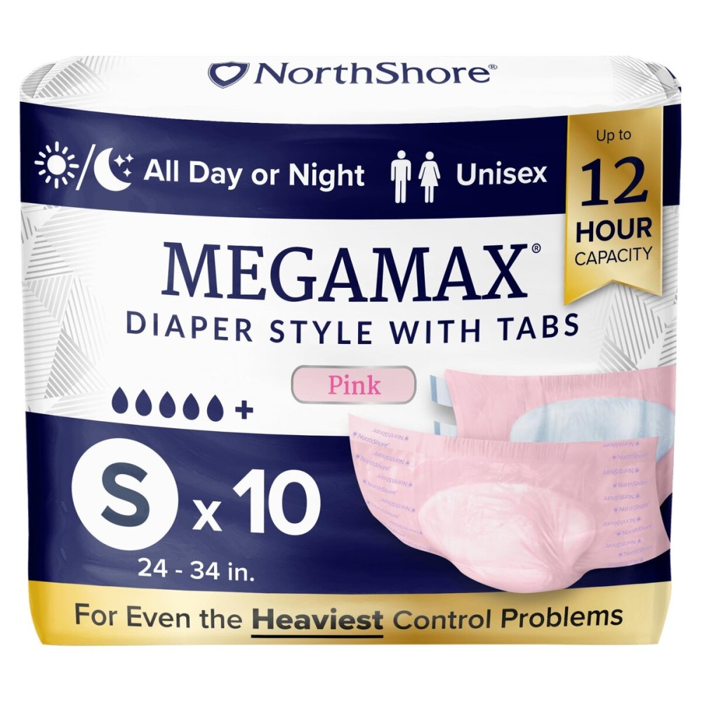 NorthShore MegaMax Adult Overnight Diapers, 12-Hour Tab-Style, Small, 10 Count Bag, Pink, 24-34 inches, Unisex Incontinence Underwear