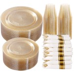 DaYammi 350 Pieces Gold Glitter Dinnerware Set 50 Guest for Party Christmas Plates Disposable - 50 Dinner Plates, 50 Dessert Platos -50 Per Rolled Napkins with Gold Cutlery -50 Disposable Cups 9 OZ