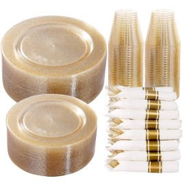 DaYammi 350 Pieces Gold Glitter Dinnerware Set 50 Guest for Party Christmas Plates Disposable - 50 Dinner Plates, 50 Dessert Platos -50 Per Rolled Napkins with Gold Cutlery -50 Disposable Cups 9 OZ