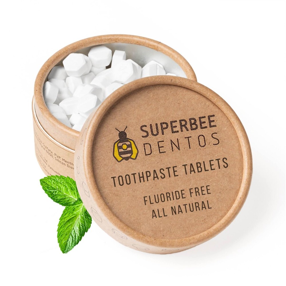 SuperBee Dentos Toothpaste Tablets, 100 Tabs, Fluoride Free & Eco Friendly, Travel Mouthwash Tablets, Sensitive Bites Kids Adults, Chewable Tablet, Spearmint