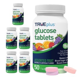 TRUEplus Glucose Tablets, Assorted Flavor (Grape, Raspberry, Orange) - 50ct Bottle - 6 Pack