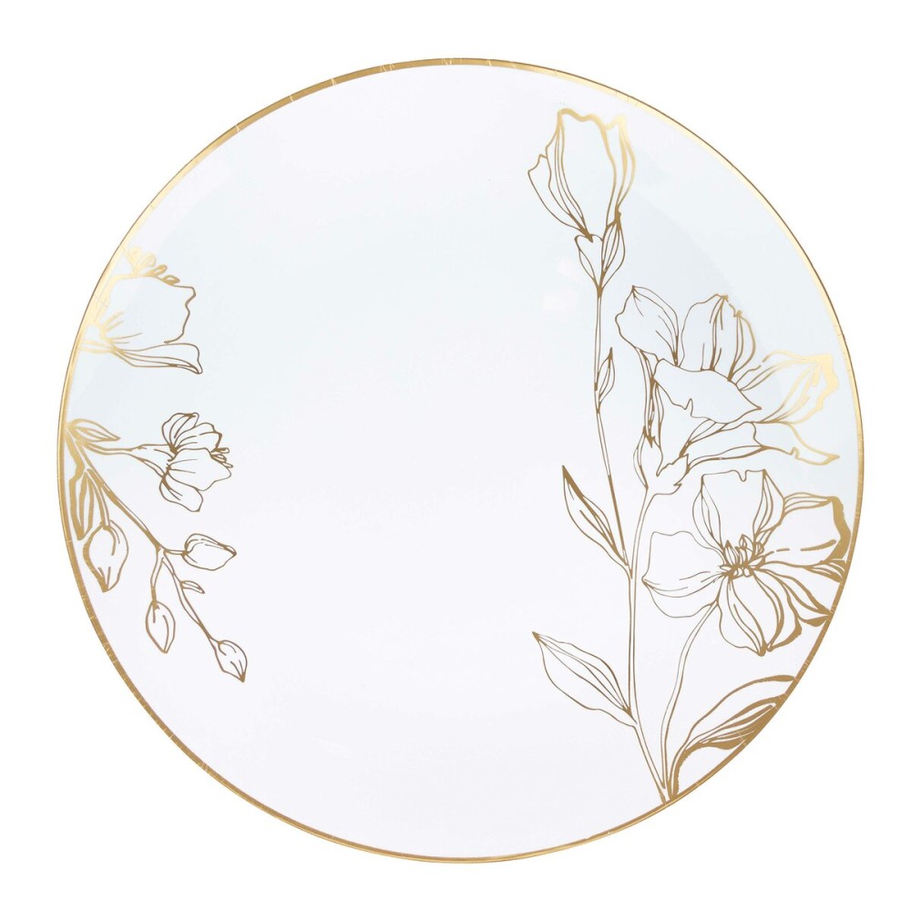 [10\'\' Plates 10 Count] White Plastic Floral Design Party Dinner Plates With Gold Rim Premium heavyweight Elegant Disposable Tableware Dishes