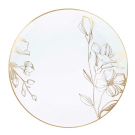 [10\'\' Plates 10 Count] White Plastic Floral Design Party Dinner Plates With Gold Rim Premium heavyweight Elegant Disposable Tableware Dishes