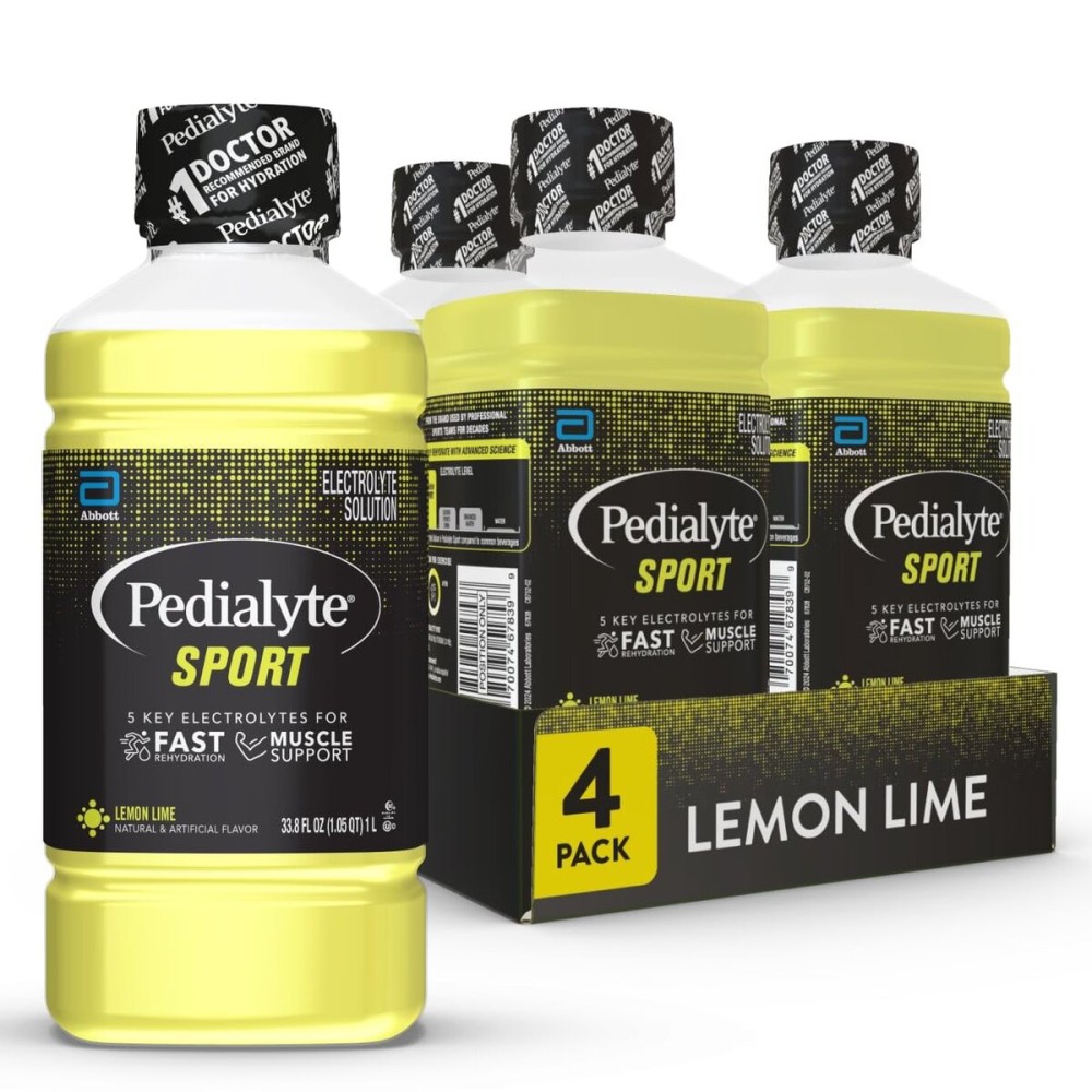 Pedialyte Sport Electrolyte Drink, Fast Hydration with 5 Key Electrolytes for Muscle Support Before, During, & After Exercise, Lemon Lime, 1 Liter, Pack of 4