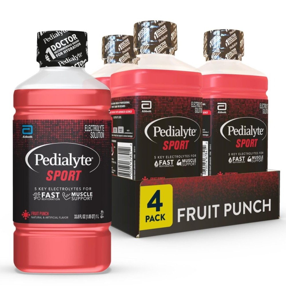 Pedialyte Sport Electrolyte Drink, Fast Hydration with 5 Key Electrolytes for Muscle Support Before, During, & After Exercise, Fruit Punch, 1 Liter, Pack of 4