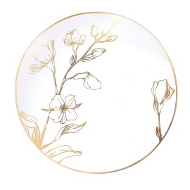 [7\'\' Plates 10 Count] White Plastic Floral Design Party Plates With Gold Rim Premium heavyweight Elegant Disposable Tableware Dishes