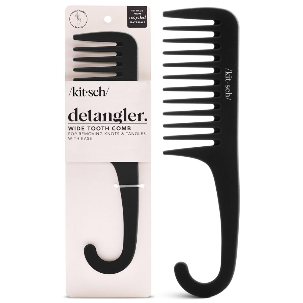 Kitsch Wide Tooth Detangler Comb - Curved Handle for Curly, Wet & Thick Hair, Black Shower Comb for Women