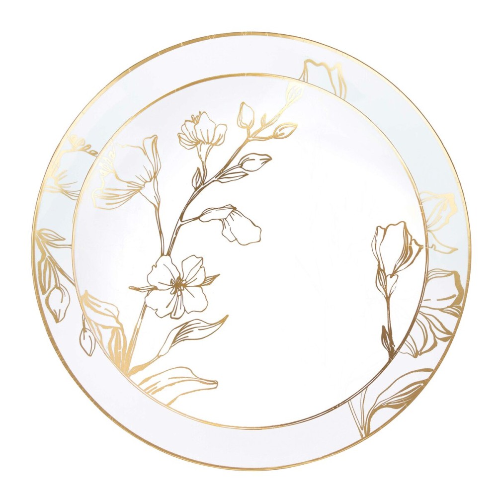 PLASTICPRO 32 Piece Combo Plates Set includes 16-7\'\' inch Plates & 16-10\'\' inch Plate White Plastic Floral Design Party With Gold Rim, Premium heavyweight Elegant,Dishes,