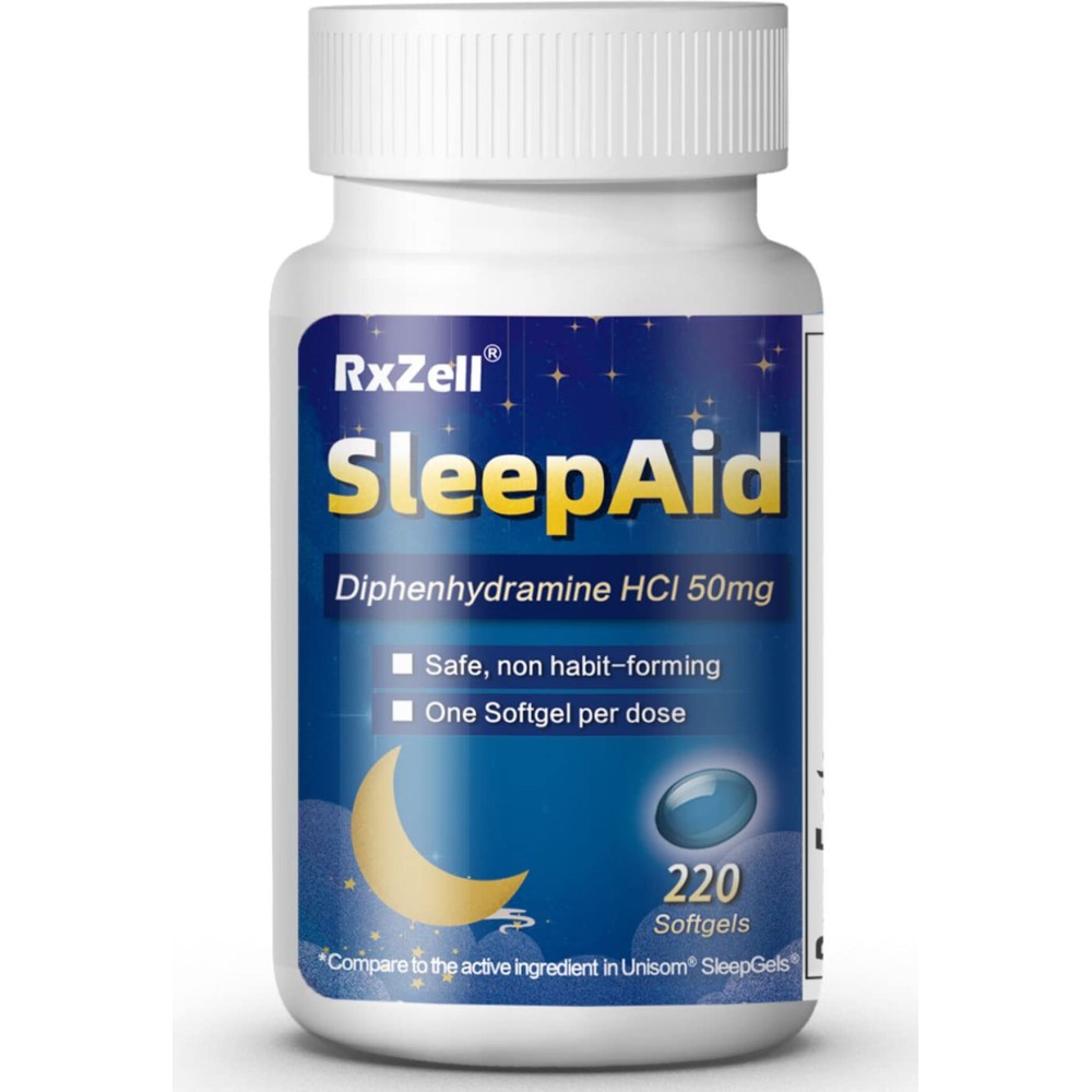 RXZELL Sleep Aid, Diphenhydramine 50mg, Easy-to-Swallow Softgels, Supports Deeper Restful Sleeping, Non Habit-Forming (220 Counts)