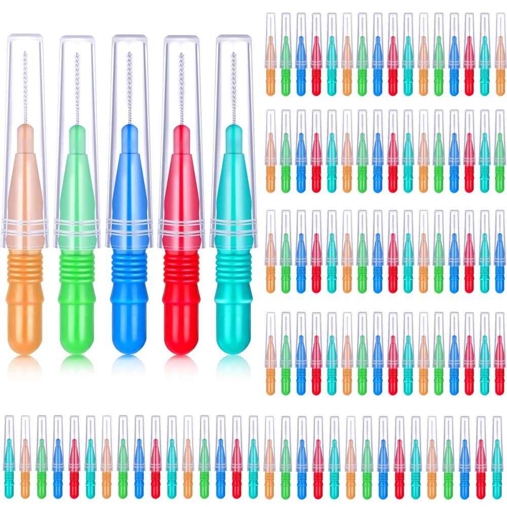 BBTO 100 Pcs Braces Dental Brush Flosser for Cleaner Interdental Brush Toothpick Tooth Flossing Head Oral Dental Toothpick Cleaners Cleaning Tool(Red, Blue, Green, Light Green, Orange)