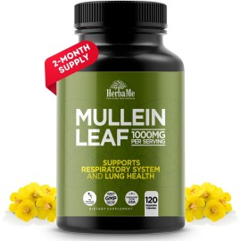 HerbaMe Mullein Leaf 1000mg, 120 Capsules, Lung Detox for Smokers, Lung Cleanse Supplement, Supports Respiratory Function Health, Promotes Mucous Membranes | Ear Health, Mucus Relief Herbal Pills