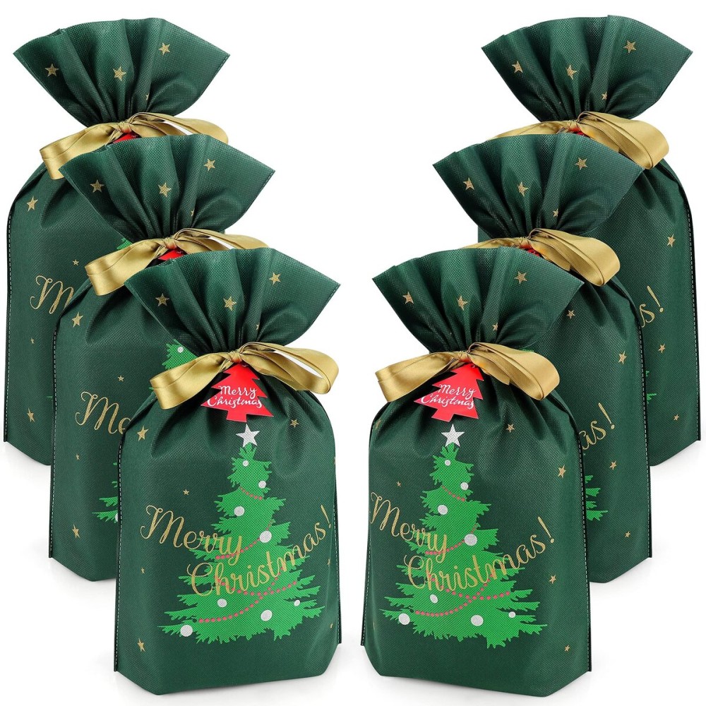 Mistorri Fabric Gift Bags for Christmas Presents - 6 Pcs Christmas Gift Bags with Drawstring, Large Reusable Drawstring Bags for Gifts (Green Tree)