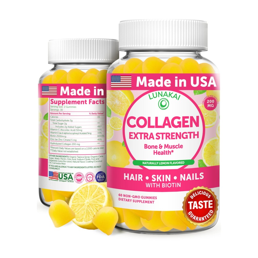 Lunakai USA Made Collagen Peptides Gummies - 200mg Non-GMO Anti-Aging Formula with Biotin, Zinc, Vitamins C & E for Hair, Skin and Nails, 60ct