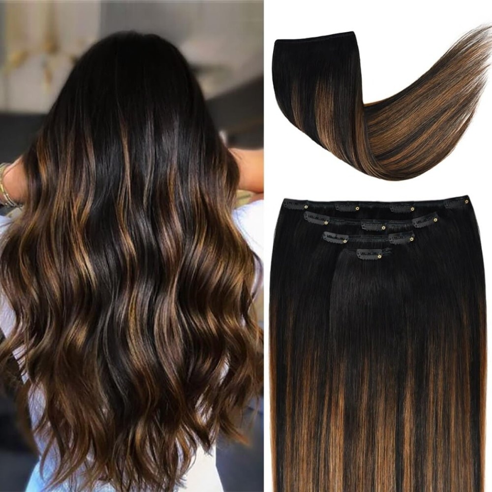 12 Clip in Hair Extensions Remy Human Hair for Women - Silky Straight Black Balayage Clip on Real Hair Extensions 50grams 4pieces(12inches, 1BT6P1B)