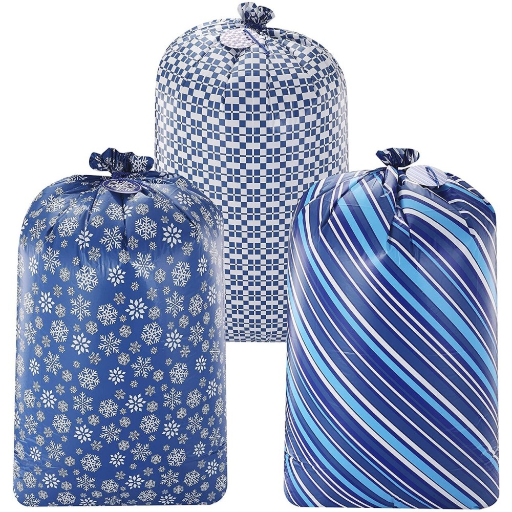 JOYIN 3 Extra Large Christmas Blue Plastic Gift Bags 56x36, Xmas Jumbo Oversized Big Santa Bag for Present Wrapping, Holiday Presents, Christmas Huge Gifts Decorations