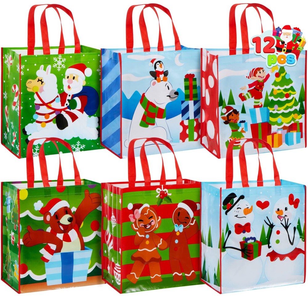 JOYIN 12 Christmas Extra-Large Gift Bags 13.75x8x14, Reusable Non-Woven Tote Bag With Handles for Xmas Wrapping Holiday Party Favors, Grocery Shopping