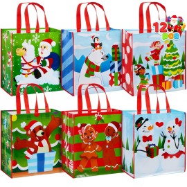 JOYIN 12 Christmas Extra-Large Gift Bags 13.75x8x14, Reusable Non-Woven Tote Bag With Handles for Xmas Wrapping Holiday Party Favors, Grocery Shopping