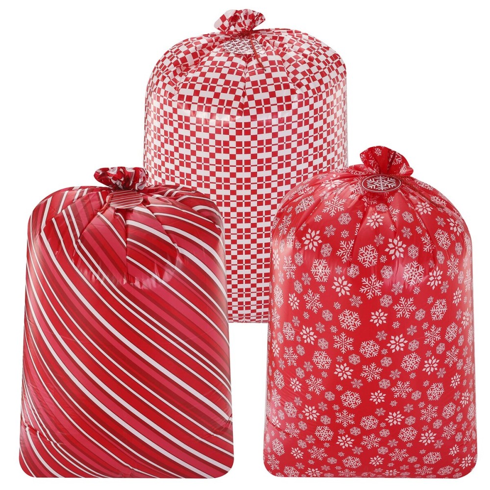 JOYIN 3 Large Red Christmas Plastic Gift Bags 56x36 with Gift Tags for Xmas Parties Giving, Xmas Holiday Jumbo Oversized Bag Party Favors Supplies, Gift Wrapper, Heavy Duty bags