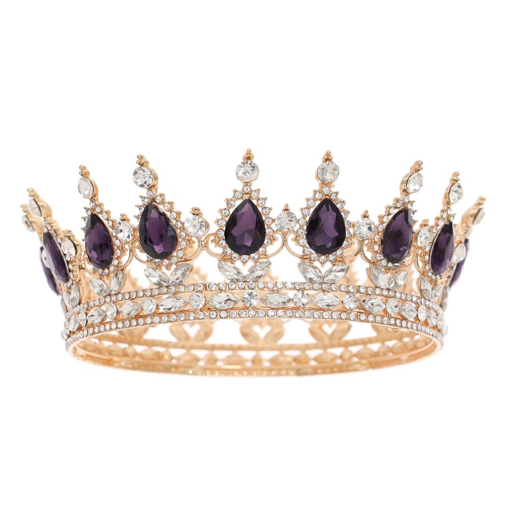 FORSEVEN Queen Crown Rhinestone Wedding Crowns and Tiaras for Women Costume Party Hair Accessories Princess Birthday Crown Crystal Bridal Crown (Gold+Purple)