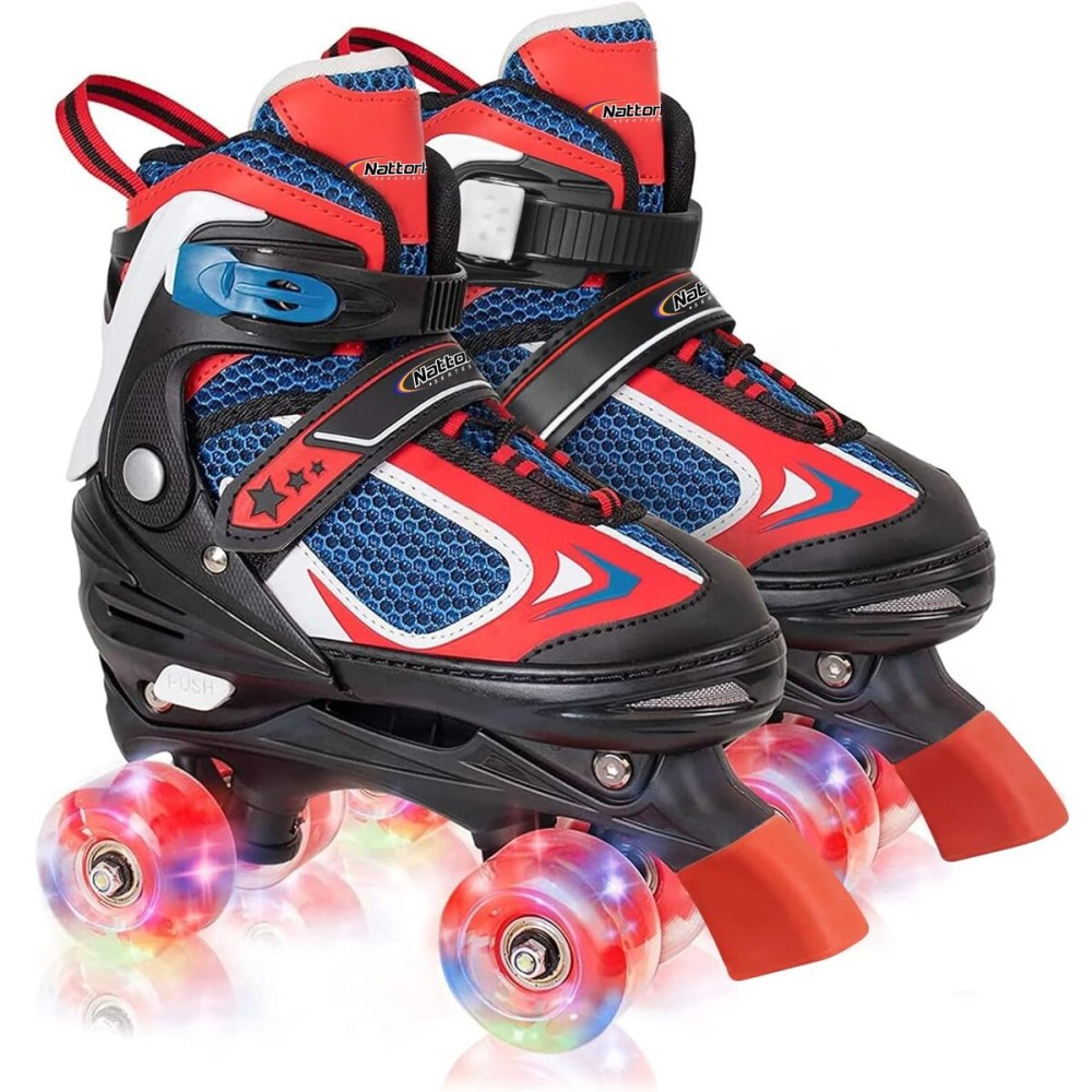 Kids Roller Skates for Boys - Red for Big Kids Age 7 8 9 10 - Adjustable All Light up Wheels Indoor Outdoor Sports Birthday Gift for Son and Grandson