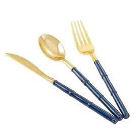 Supernal 180pcs Gold Plastic Silverware,Gold Plastic Cutlery with Blue Glitter Bamboo Handle,Elegant Durable Disposable Cutlery Heavy Duty include 60 Knives,60 Forks,60 Spoons