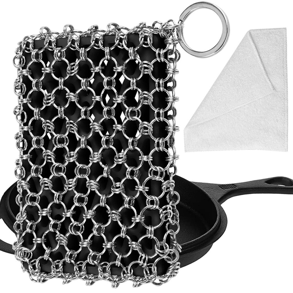 Herda 316L Cast Iron Scrubber Cleaner, Large Chainmail Scrubber for Cast Iron Pan - Chain Mail Scrubber Cast Iron Sponge - Metal Cast Iron Skillet Scrubber, Wok, Dutch Oven Cast Iron Cleaning Kit