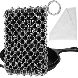 Herda 316L Cast Iron Scrubber Cleaner, Large Chainmail Scrubber for Cast Iron Pan - Chain Mail Scrubber Cast Iron Sponge - Metal Cast Iron Skillet Scrubber, Wok, Dutch Oven Cast Iron Cleaning Kit