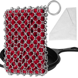 Herda 316L Cast Iron Scrubber Cleaner, Large Cast Iron Chain Mail Scrubber - Chainmail Scrubber Sponge - Metal Skillet Scrubbing, Wok, Dutch Oven Cleaning Kit